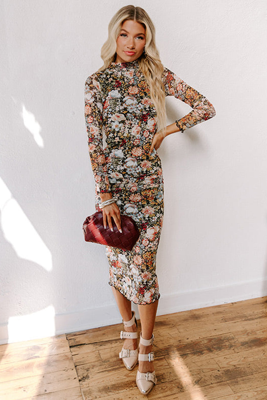 Floral Allover Print Mock Neck Bodycon Long Sleeve Midi Dress UK