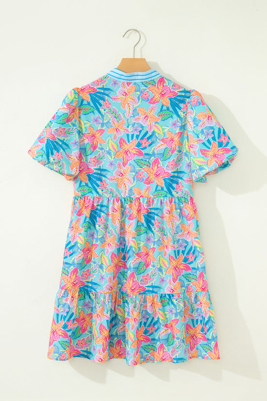 Floral Contrast Scallop Trim V-Neck Mini Dress Women UK