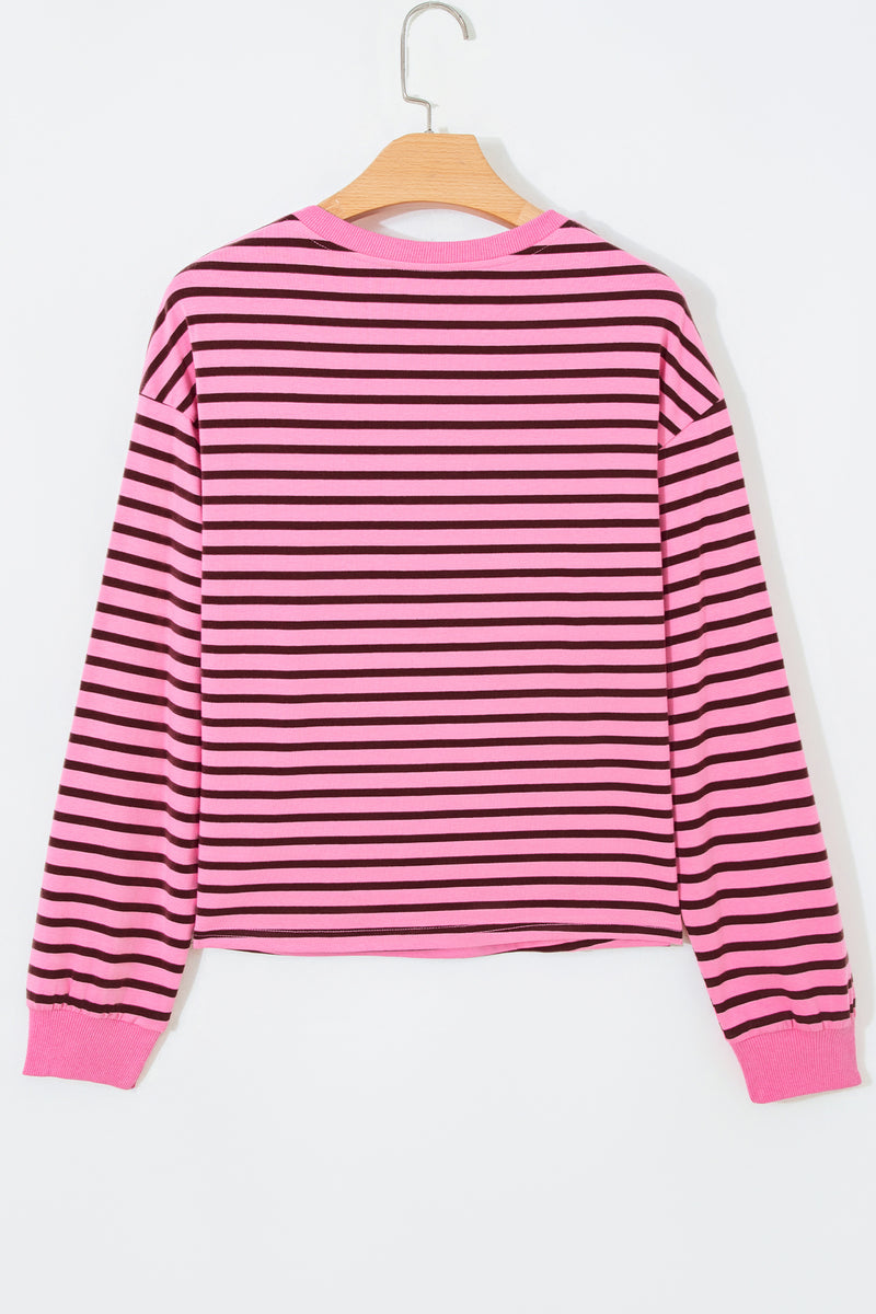 Pink Stripe V-Neck Drop Shoulder Long Sleeve Top Women UK