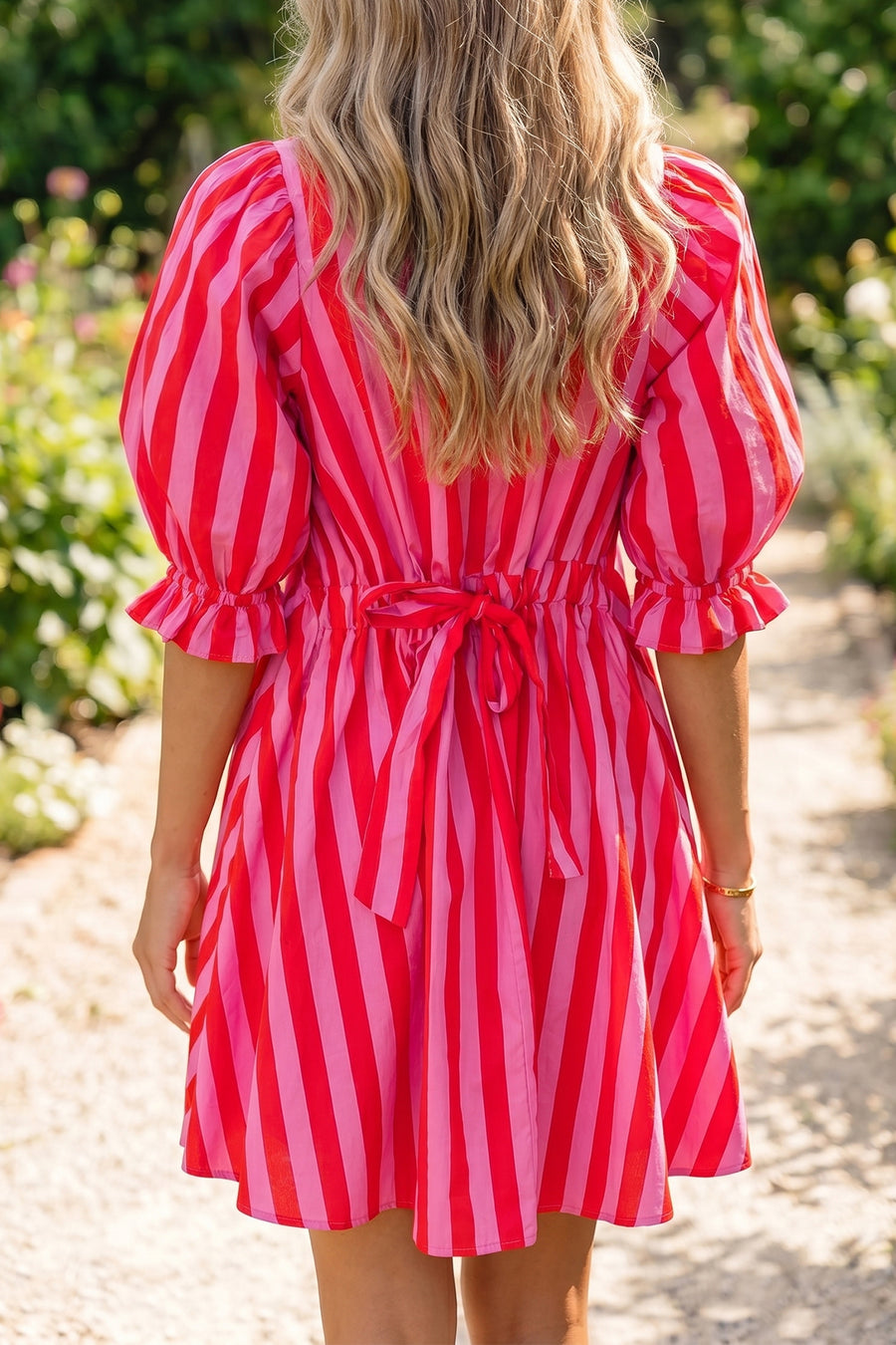 Red Stripe Puff Sleeve Mini Dress Women UK — styled outfit look | Fashionfitz UK