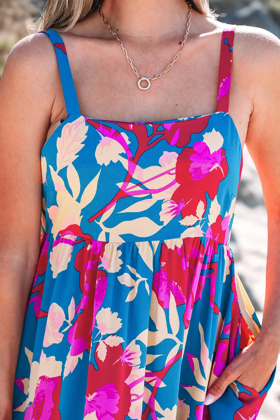 Dark Blue Floral High Waist Sleeveless Flared Maxi Dress Women UK — lifestyle view