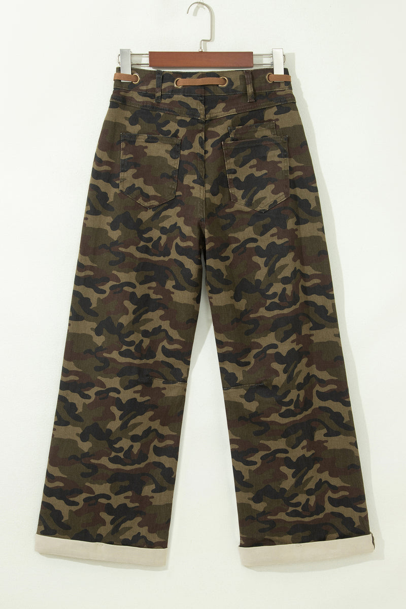 Multicolour Camouflage Print Retro Grommet Tie Waist Loose Jeans