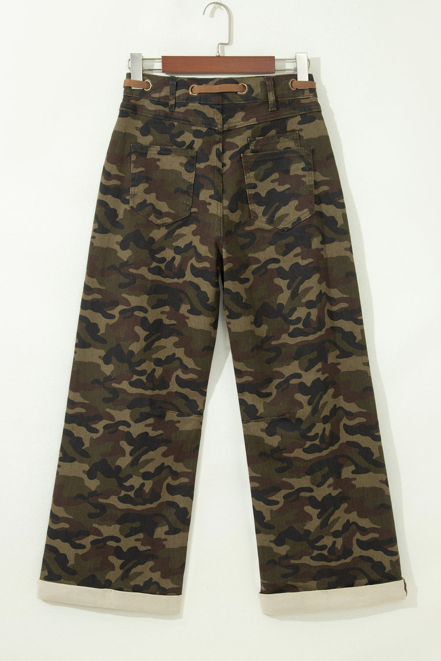 Multicolour Camouflage Print Retro Grommet Tie Waist Loose Jeans