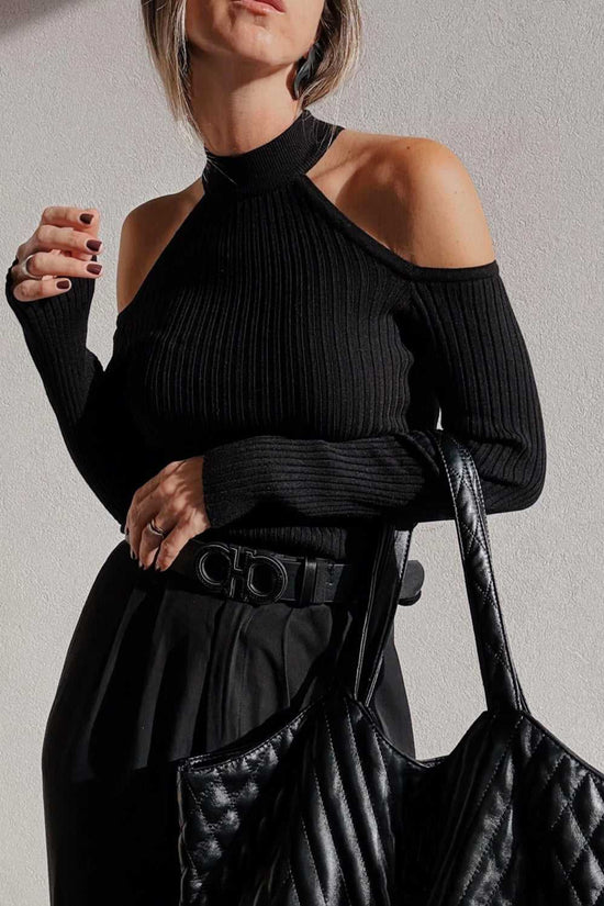 Black Cold Shoulder Choker Neck Sweater