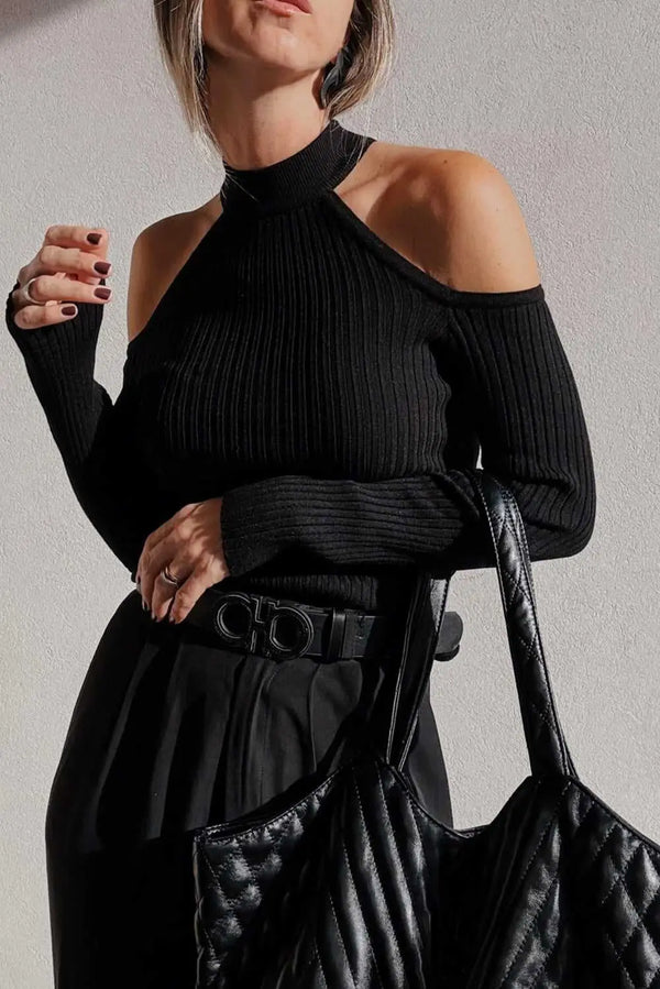Black cold shoulder choker neck knit sweater front view — Fashionfitz UK