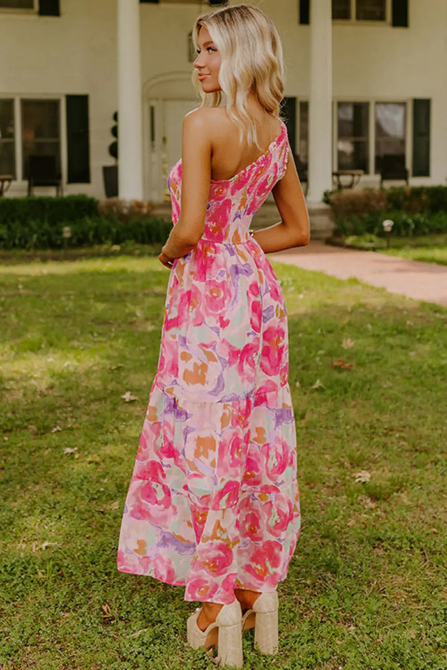 Pink Abstract Floral Shirred One Shoulder Maxi Dress Women UK