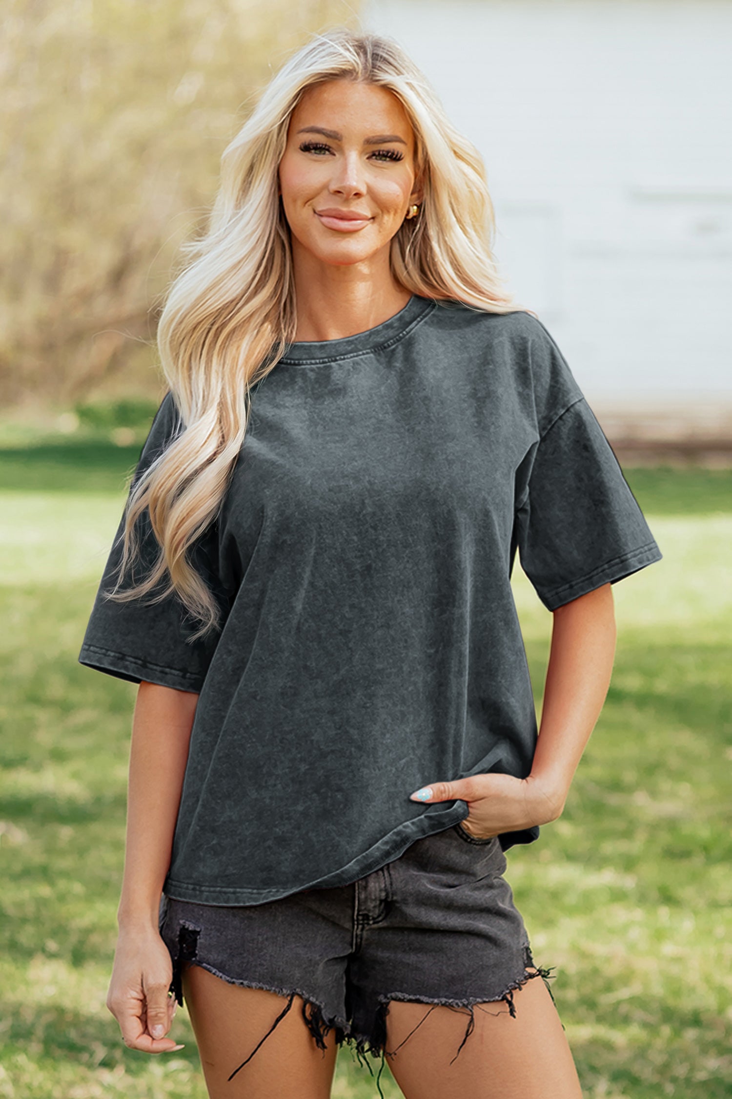 Mineral Washed Oversized Cotton Tee Drop Shoulder Round Neck Tunic Length