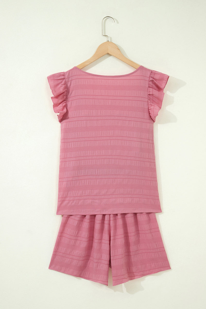 Textured Square Neck Cap Sleeve Top & Shirred High Waist Shorts Set — side view | Fashionfitz UK