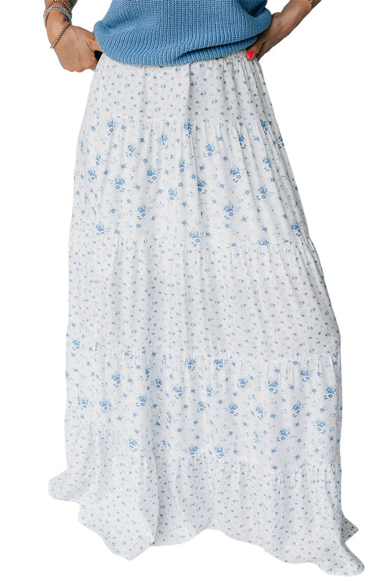 Sky blue tiered floral patchwork boho maxi skirt elastic waist ruffle hem skirts