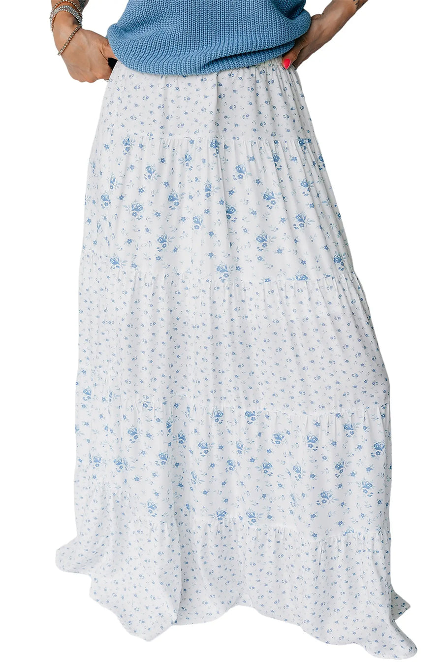 Sky blue tiered floral patchwork boho maxi skirt elastic waist ruffle hem skirts
