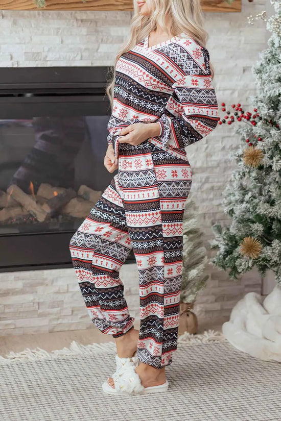 Black christmas retro print lounge set v-neck top high waist pants loungewear
