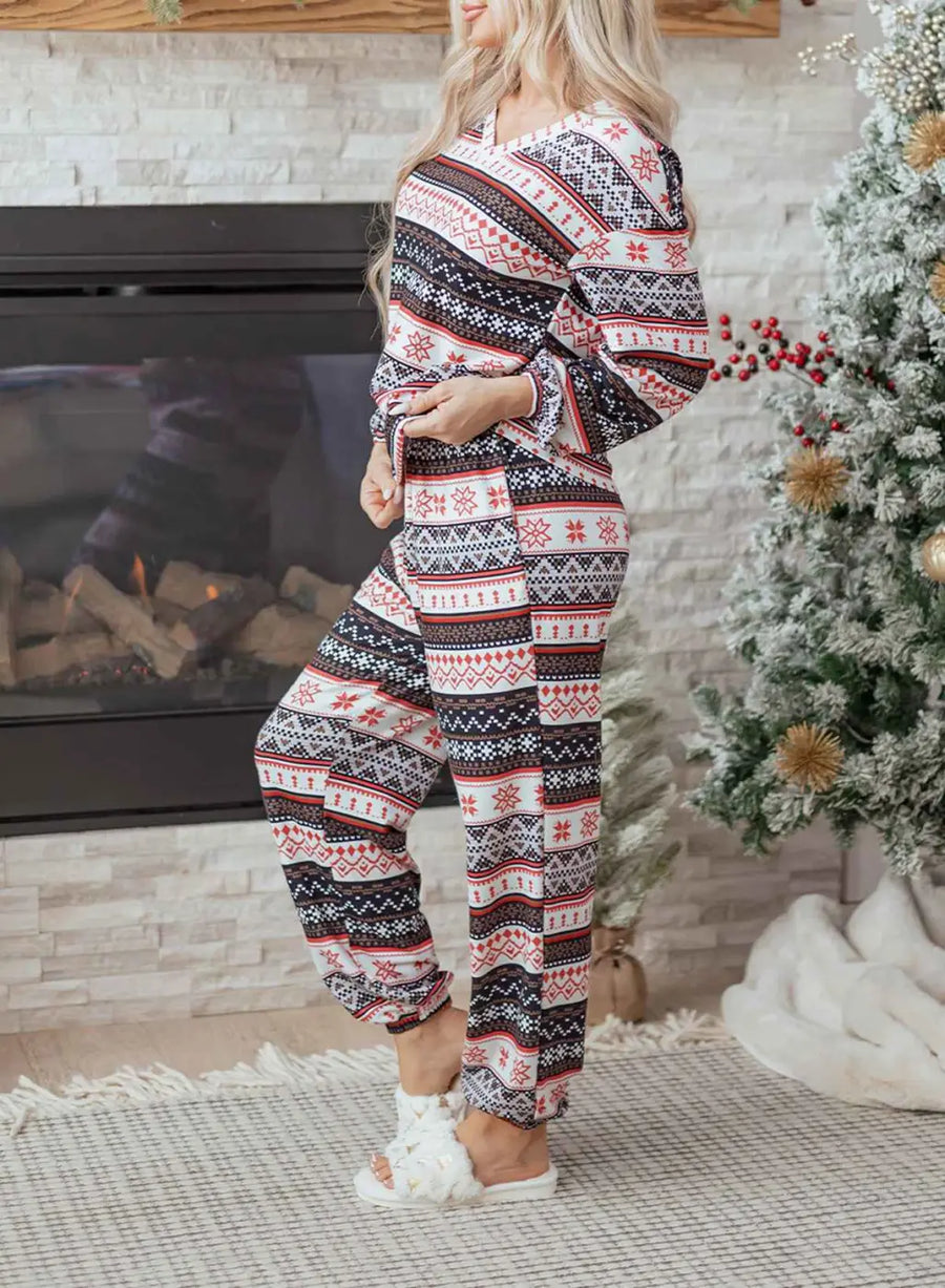 Black christmas retro print lounge set v-neck top high waist pants loungewear
