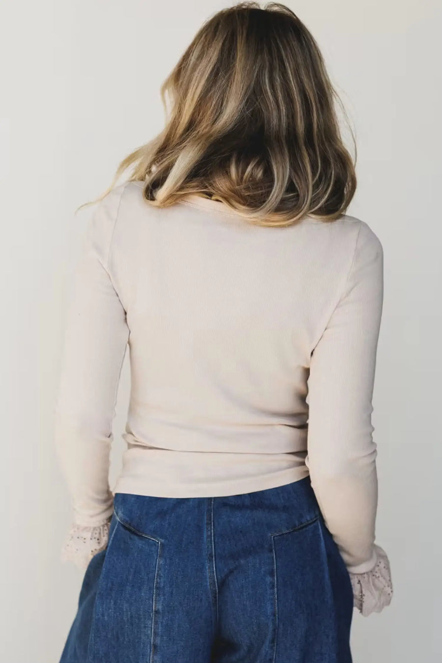 Jet Stream Lace Cuff Patchwork Round Neck Long Sleeve Top — close-up detail | Fashionfitz UK
