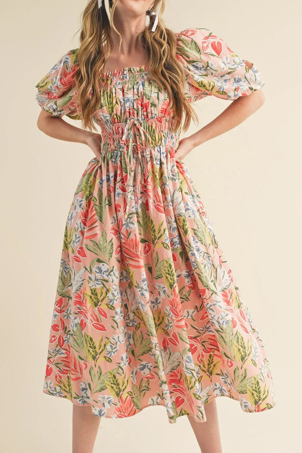 Apricot Pink Floral Smocked Bust Bubble Sleeve Maxi Dress Women UK