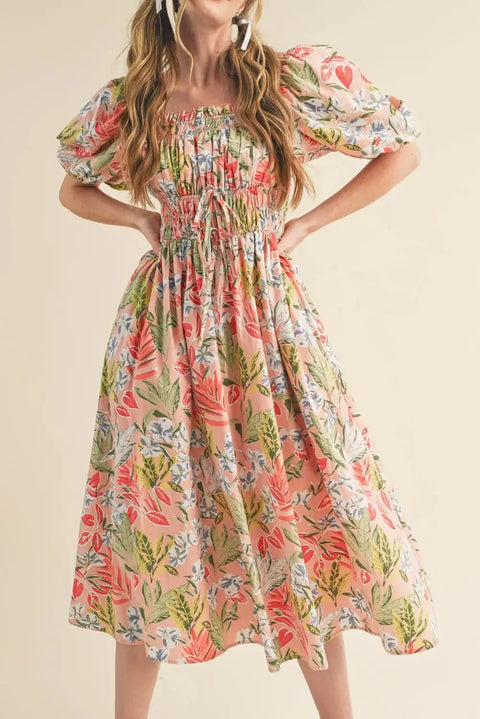 Apricot Pink Floral Smocked Bust Bubble Sleeve Maxi Dress Women UK