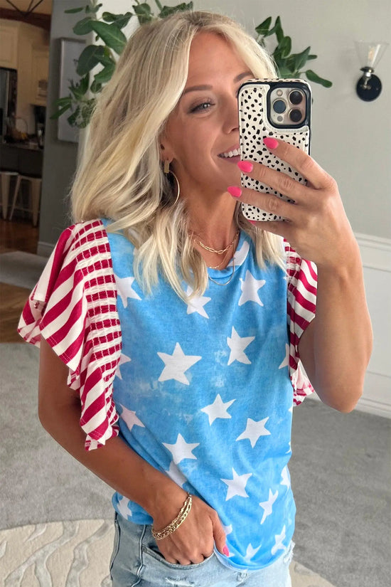 Sky blue vintage star print striped ruffle sleeve top blouses