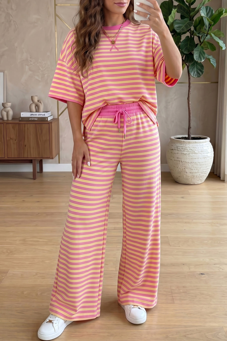 Pink Stripe Colourblock Crew Neck Tee & Drawstring Pant Set