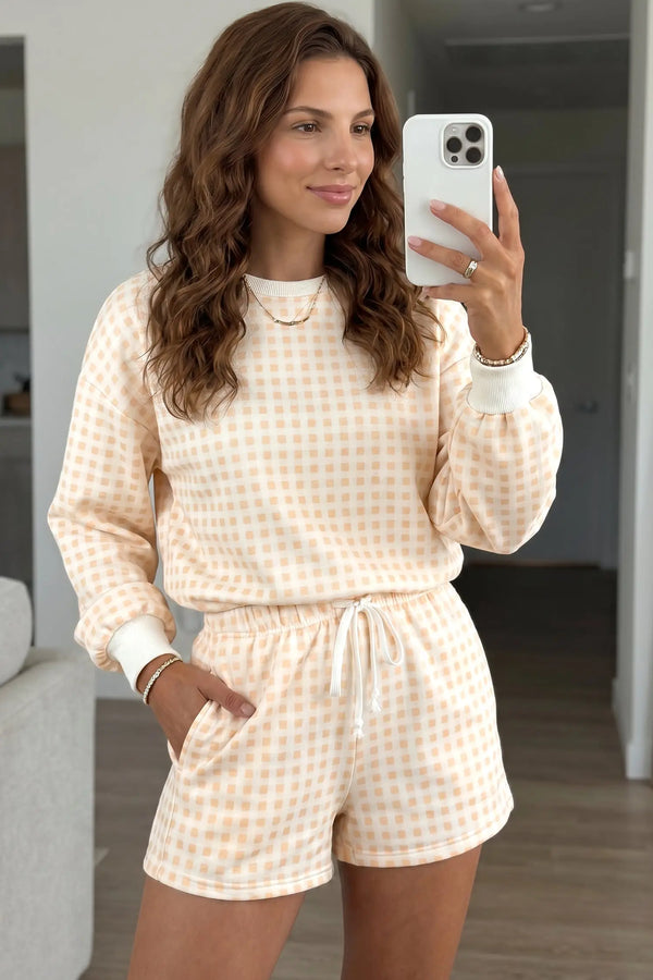 Yellow plaid baggy pullover and drawstring casual shorts 2-piece outfit front view — Fashionfitz UK