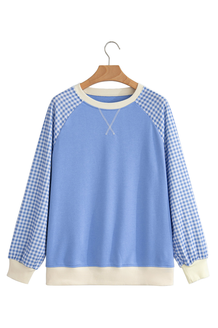 Beige Plaid Colour Block Raglan Pullover Sweatshirt Women UK