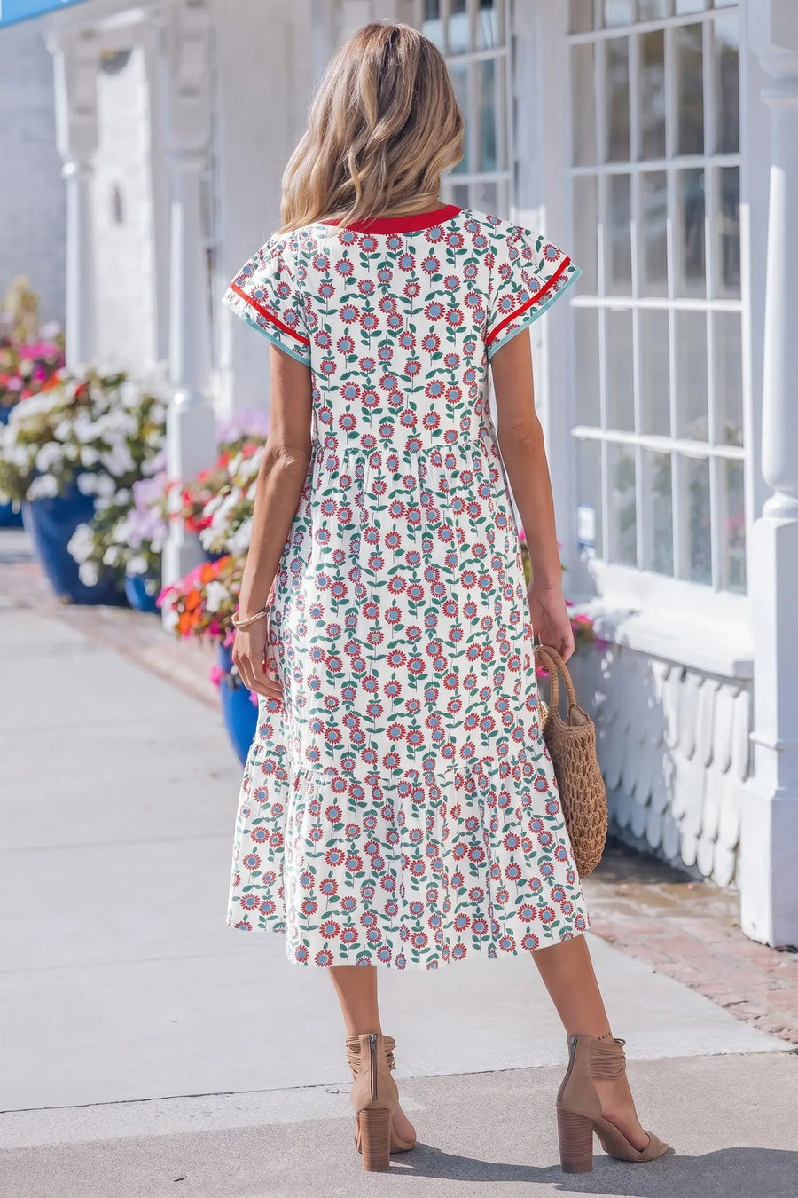 Sky Blue Sunflower Print Flutter Sleeve Maxi Dress Women UK
