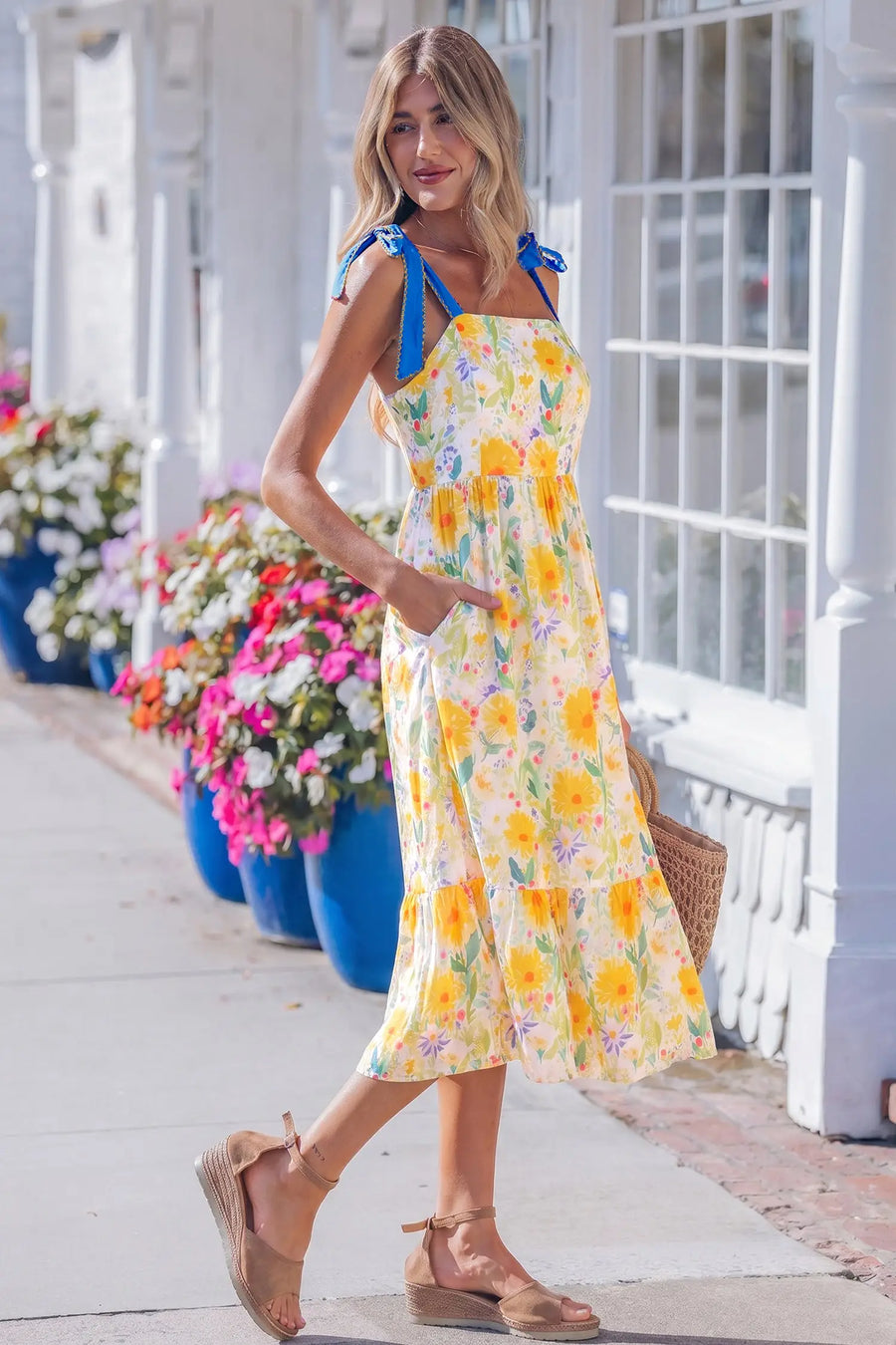 Yellow Floral Knot Denim Strap High Waist Shift Dress Women UK
