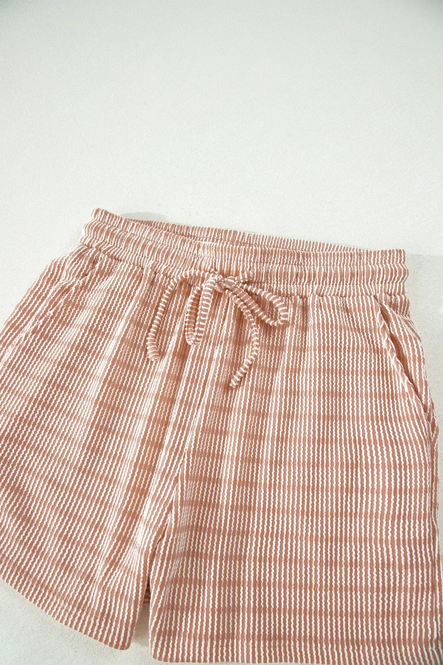 Stripe Raised Rib Loose Tee & Drawstring Elastic Waist Shorts Set