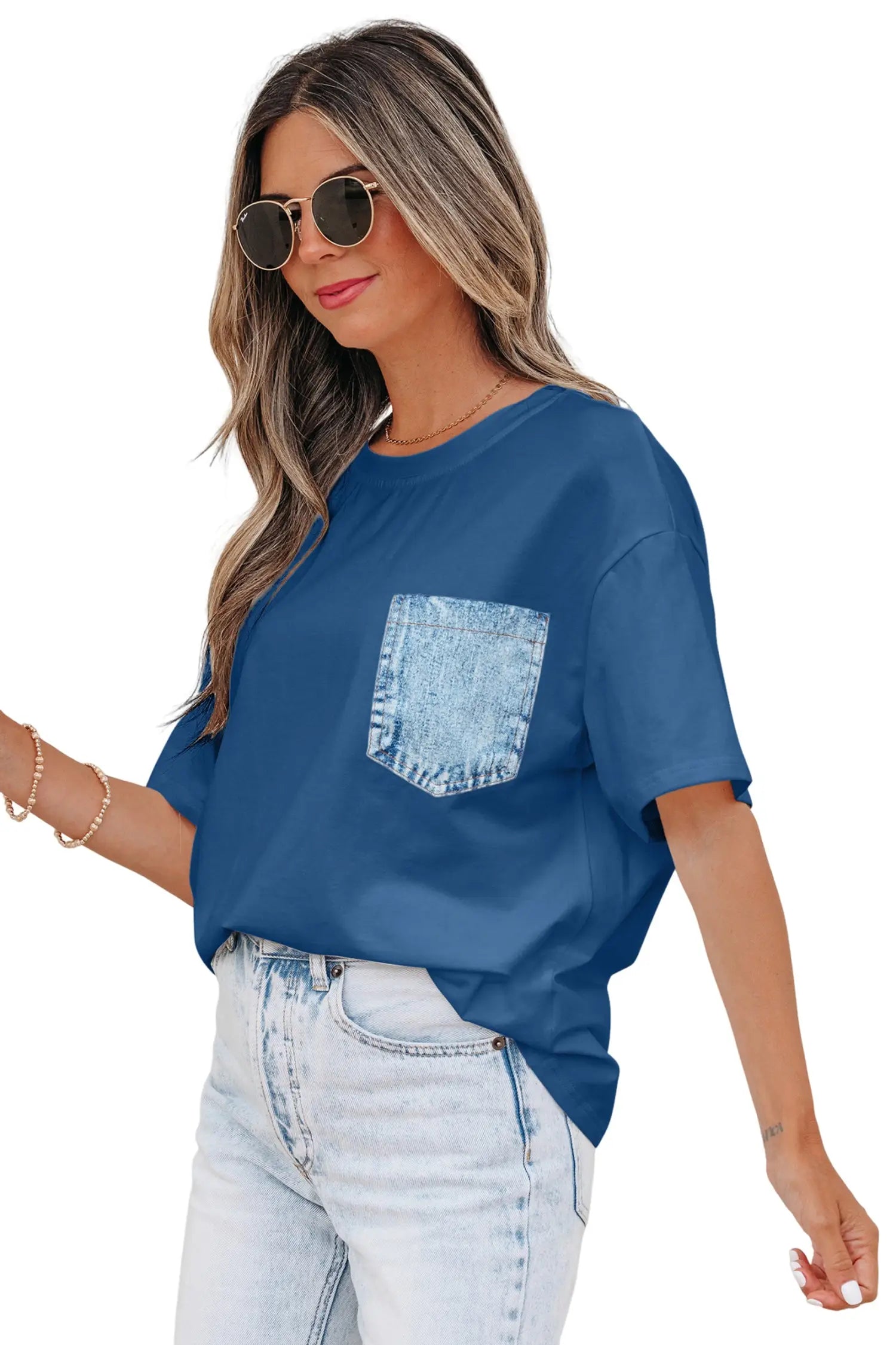 Colour block patch pocket short sleeve top round neck tunic relaxed fit tunics