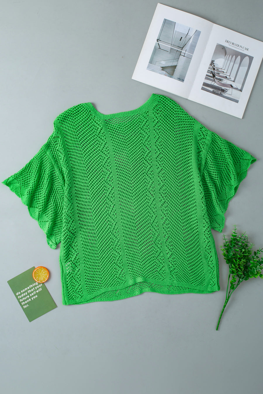 Back view of Green Pointelle Knit Scallop Trim Blouse showing relaxed fit and scalloped hem detail — Fashionfitz