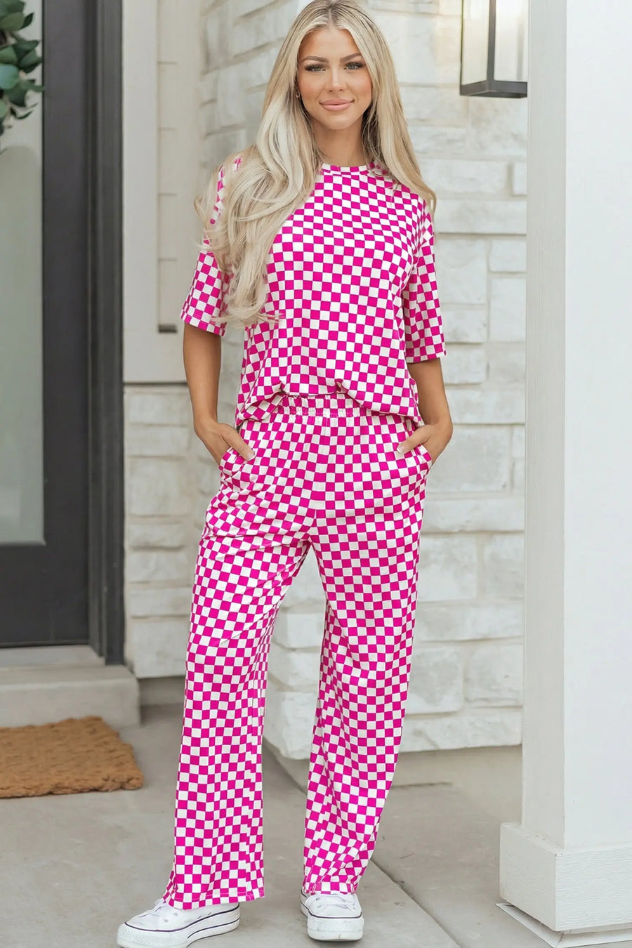 Checkered print half sleeve tee & lounge pants 2-piece loungewear set