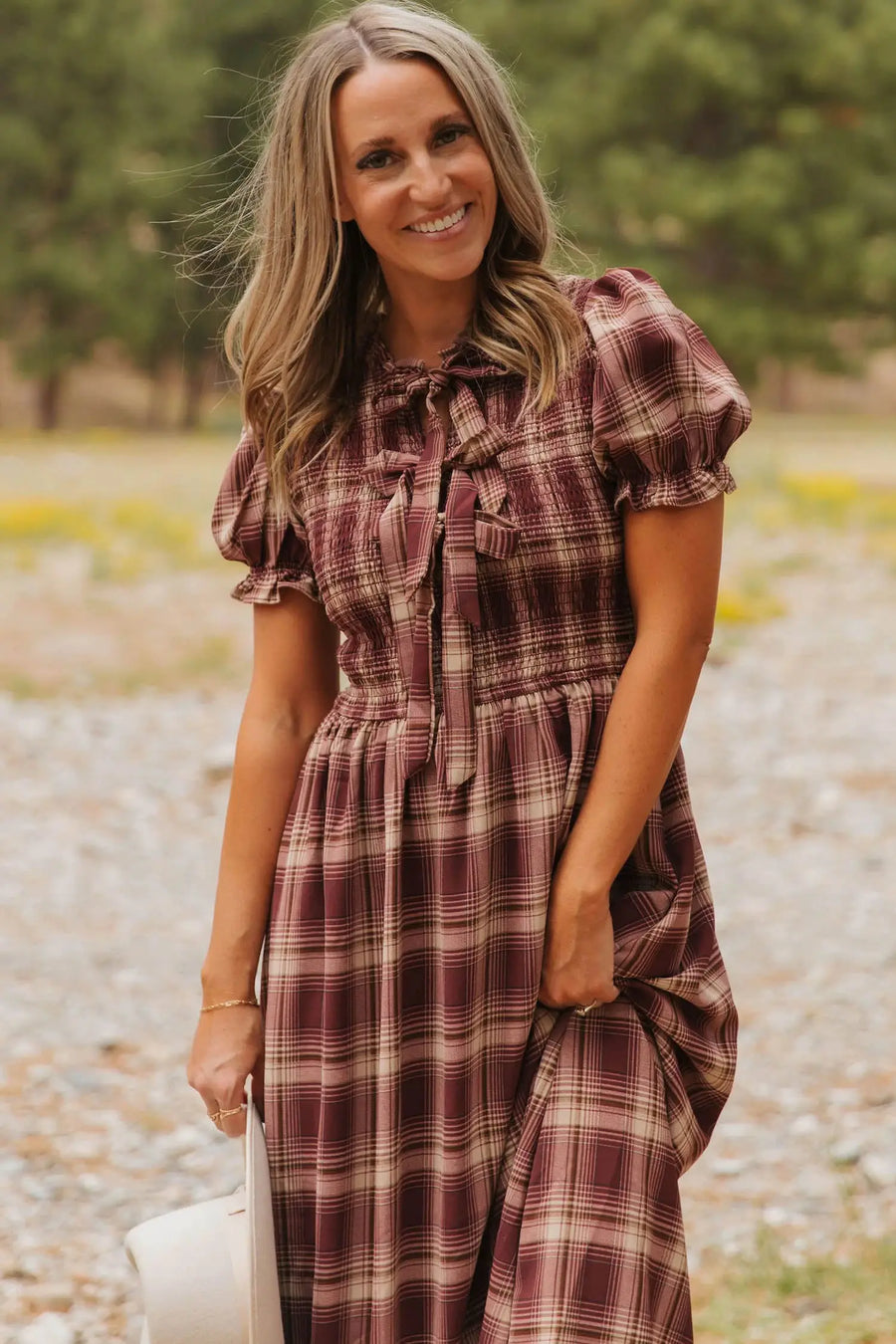 Red Vintage Plaid Knot Front Smocked Midi Dress