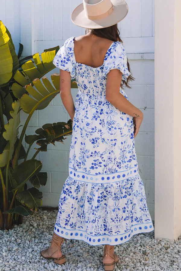 Sky Blue Floral Bubble Sleeve High Waist Maxi Dress Women UK