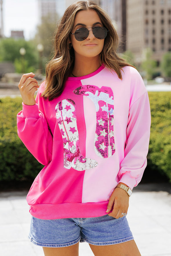 Pink Colorblock Sequined Cowgirl Boots Graphic Sweatshirt Women UK