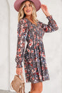 Brown Frilly Smocked Floral Mesh Long Sleeve Mini Dress Women UK