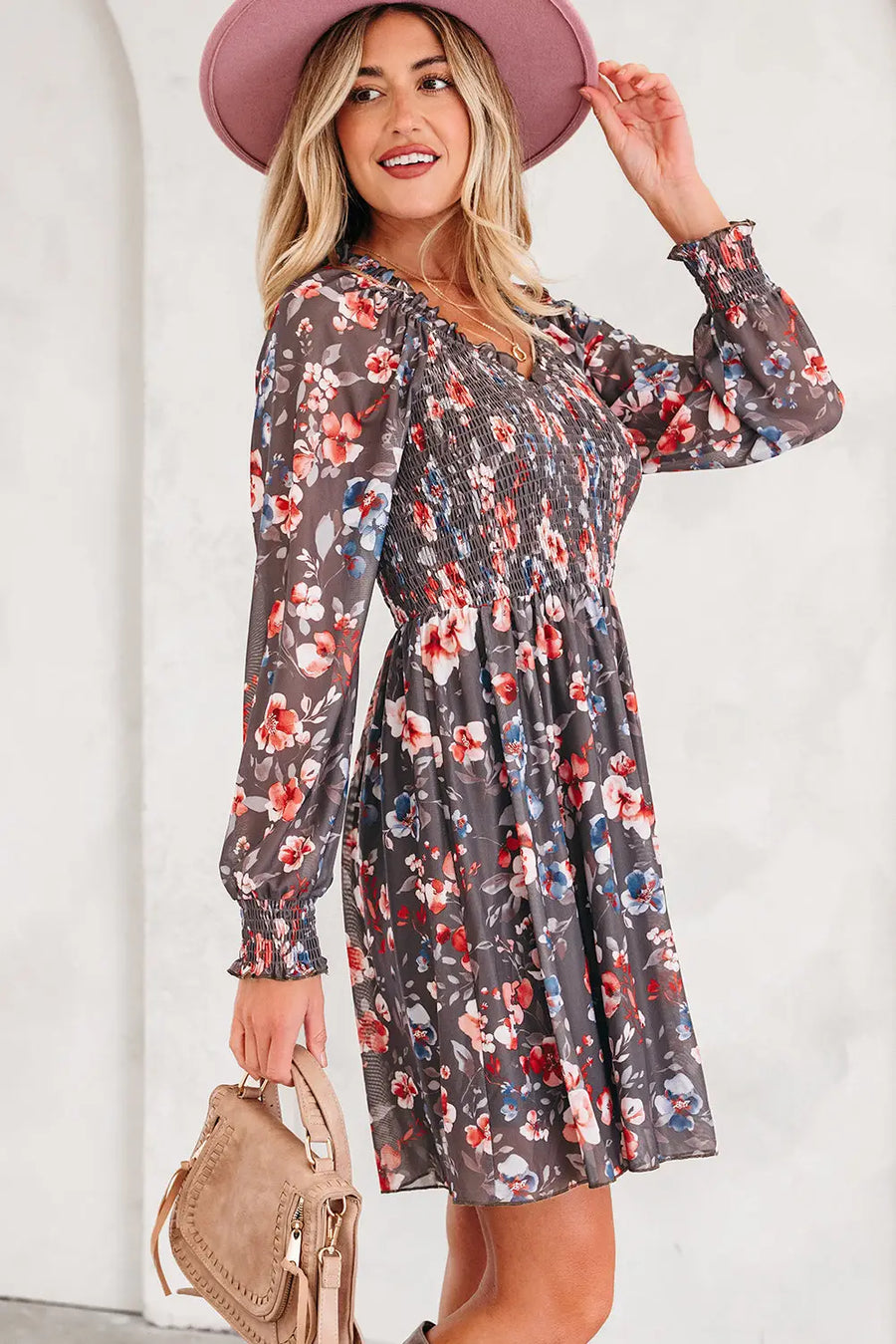 Brown Frilly Smocked Floral Mesh Long Sleeve Mini Dress Women UK