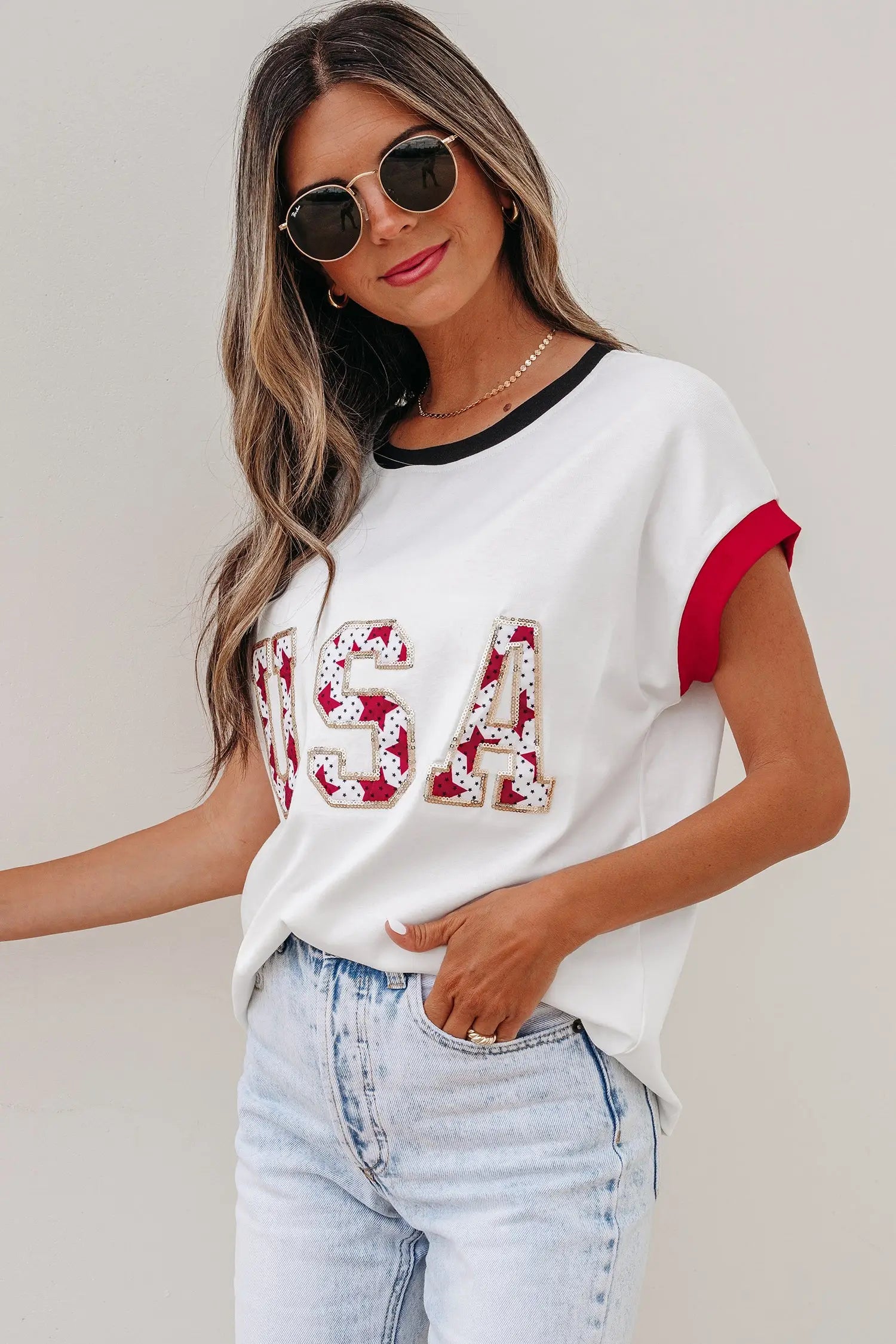 Women’s usa sequin colourblock letter print loose t-shirt t-shirts