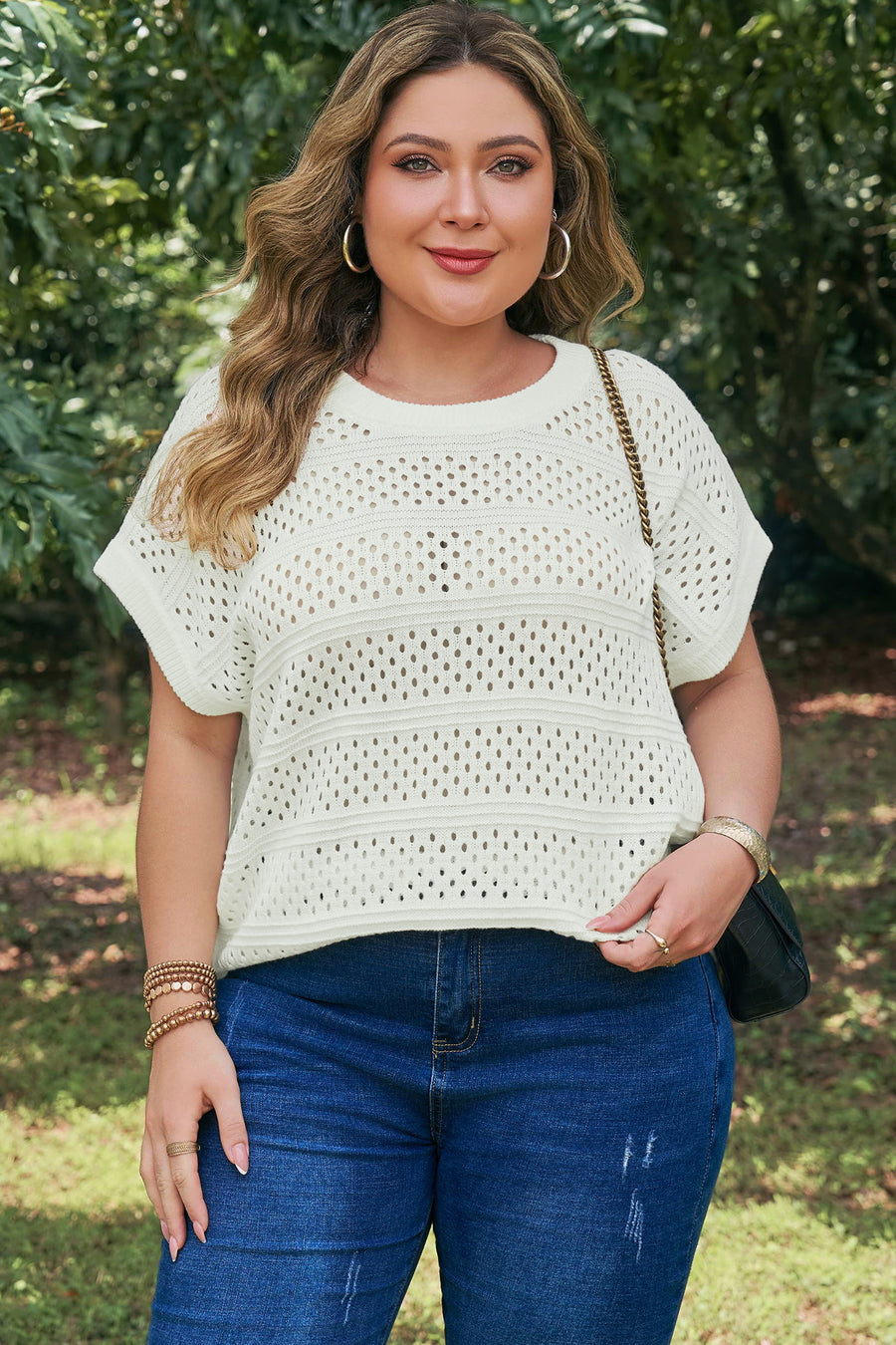 Plus Size Eyelet Hollow Out Knit Short Sleeve Sweater Ribbed Trim White — front detail | Fashionfitz UK