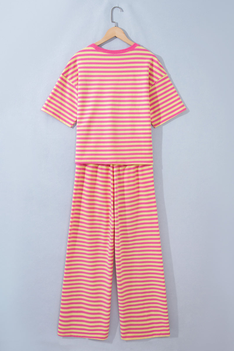 Pink Stripe Colourblock Crew Neck Tee & Drawstring Pant Set
