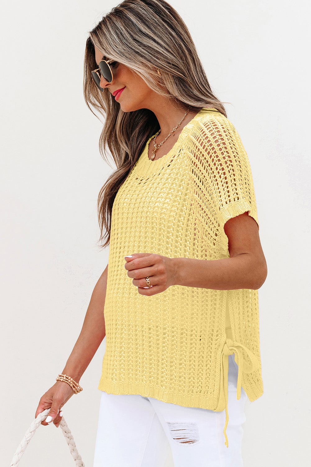 Short Sleeve Sweaters Soft Hue Crochet Top