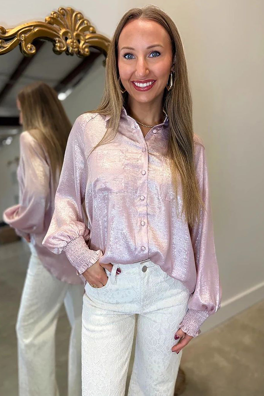 Button Front Ruffle Cuffs Back Paneling Blouse