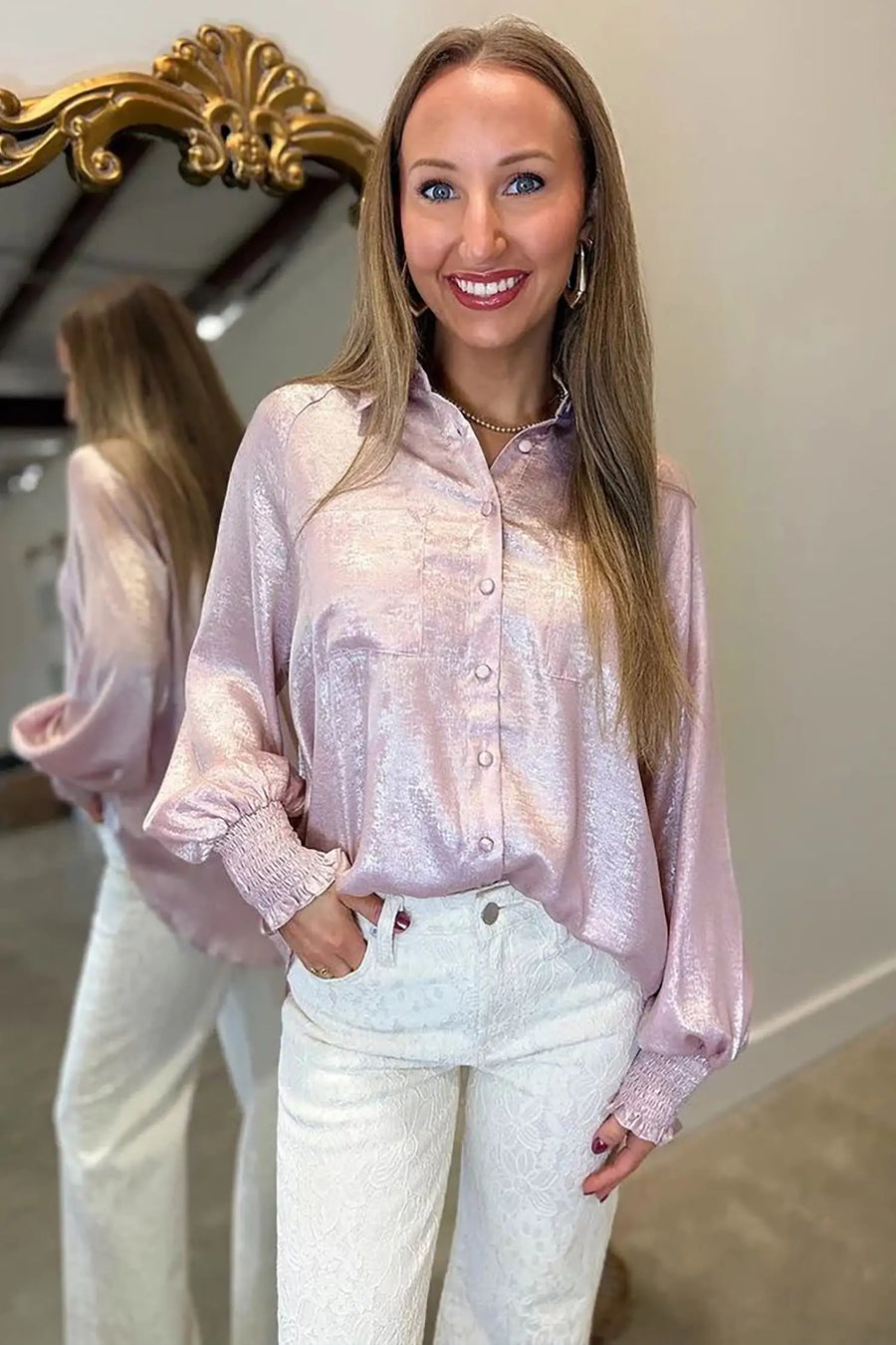Button Front Ruffle Cuffs Back Paneling Blouse — full length view on model | Fashionfitz UK