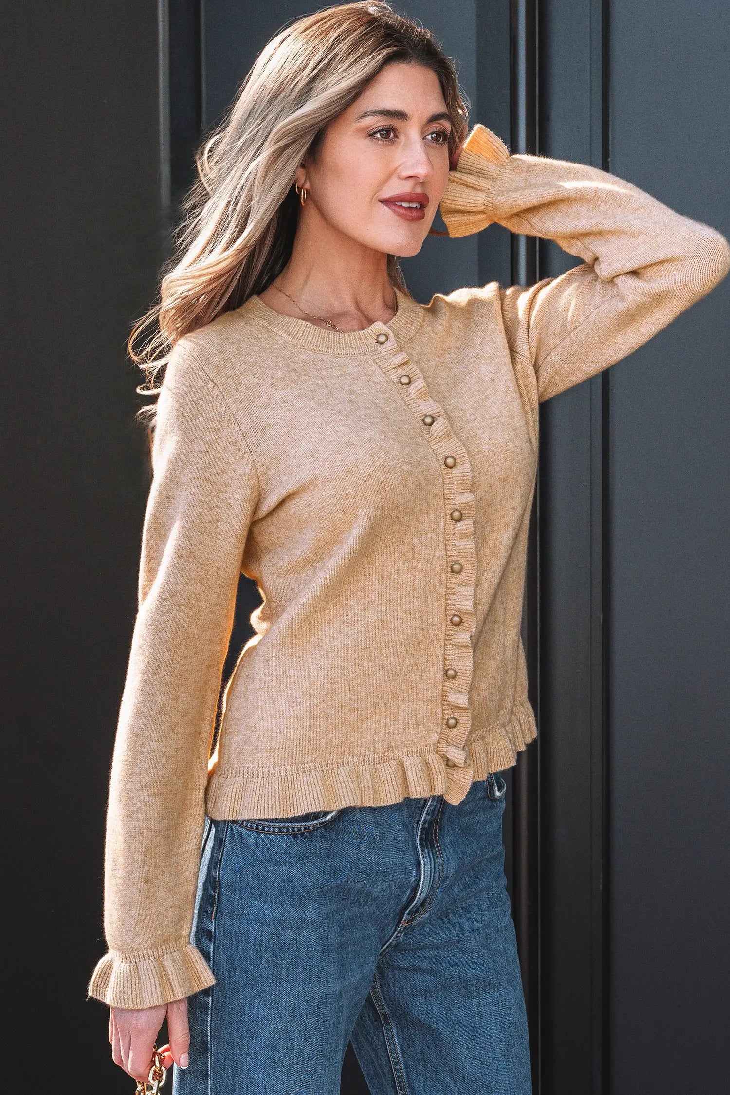 Ruffle trim gold button long sleeve round neck knit cardigan cardigans