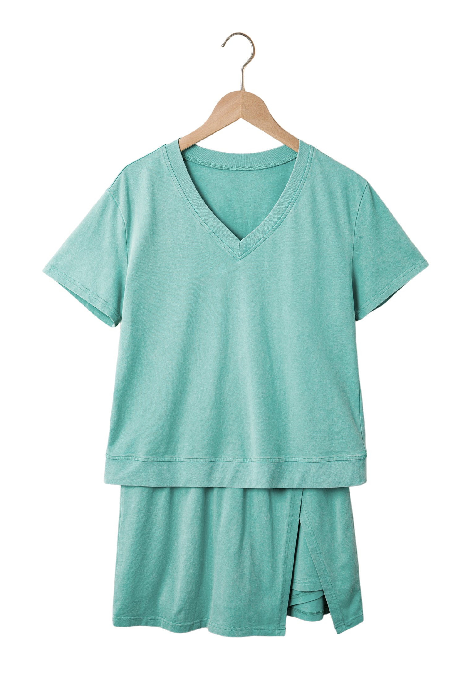 Mineral Wash V-Neck Tee Skort Set Two Piece Co-Ord High Waist Split Mini