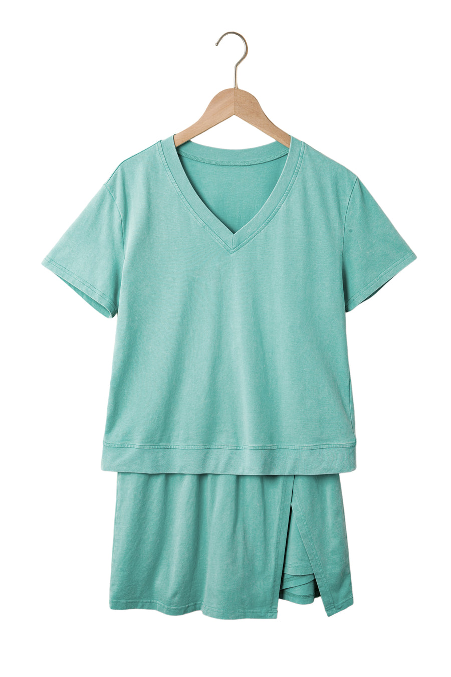 Mineral Wash V-Neck Tee Skort Set Two Piece Co-Ord High Waist Split Mini — lifestyle shot | Fashionfitz UK
