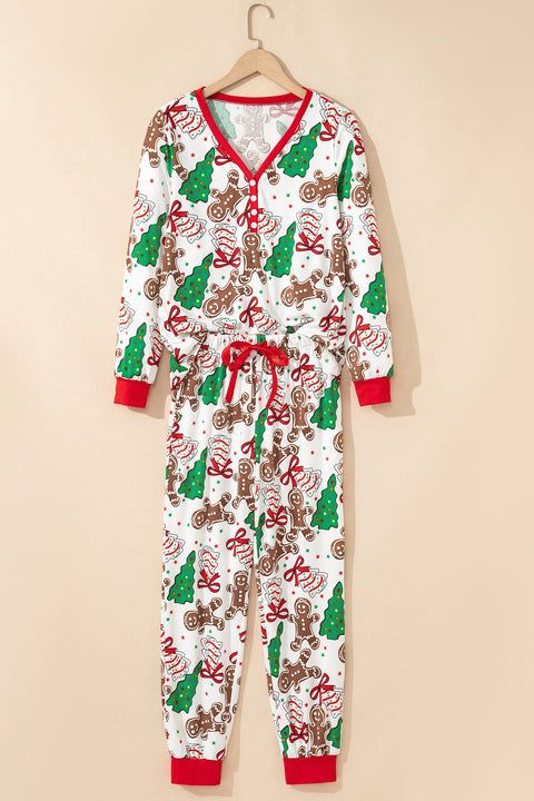 Christmas Pattern Button V Neck Pullover & Drawstring Pant Set Women UK