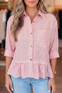 Plaid Ruffle Hem Half Sleeve Blouse Women UK in pink — front view showing pink plaid, ruffle hem and button-down — Fashionfitz