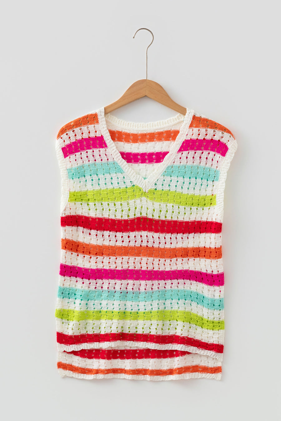 Striped Eyelet Knit V-Neck Sweater Tee Women UK