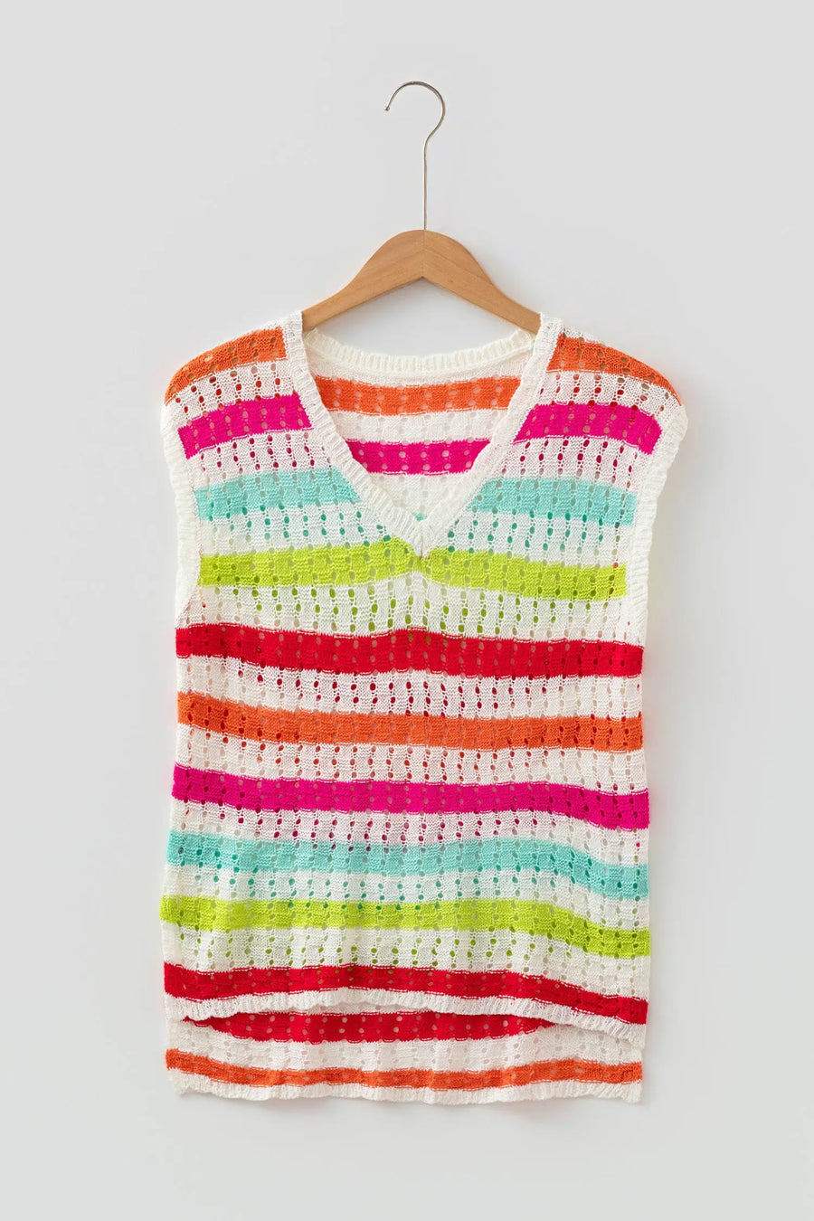 Striped Eyelet Knit V-Neck Sweater Tee Women UK