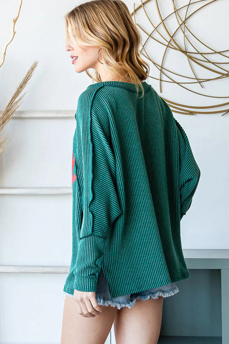 Green Stripe Lucky Clover Embroidered Graphic Dolman Tee Women UK