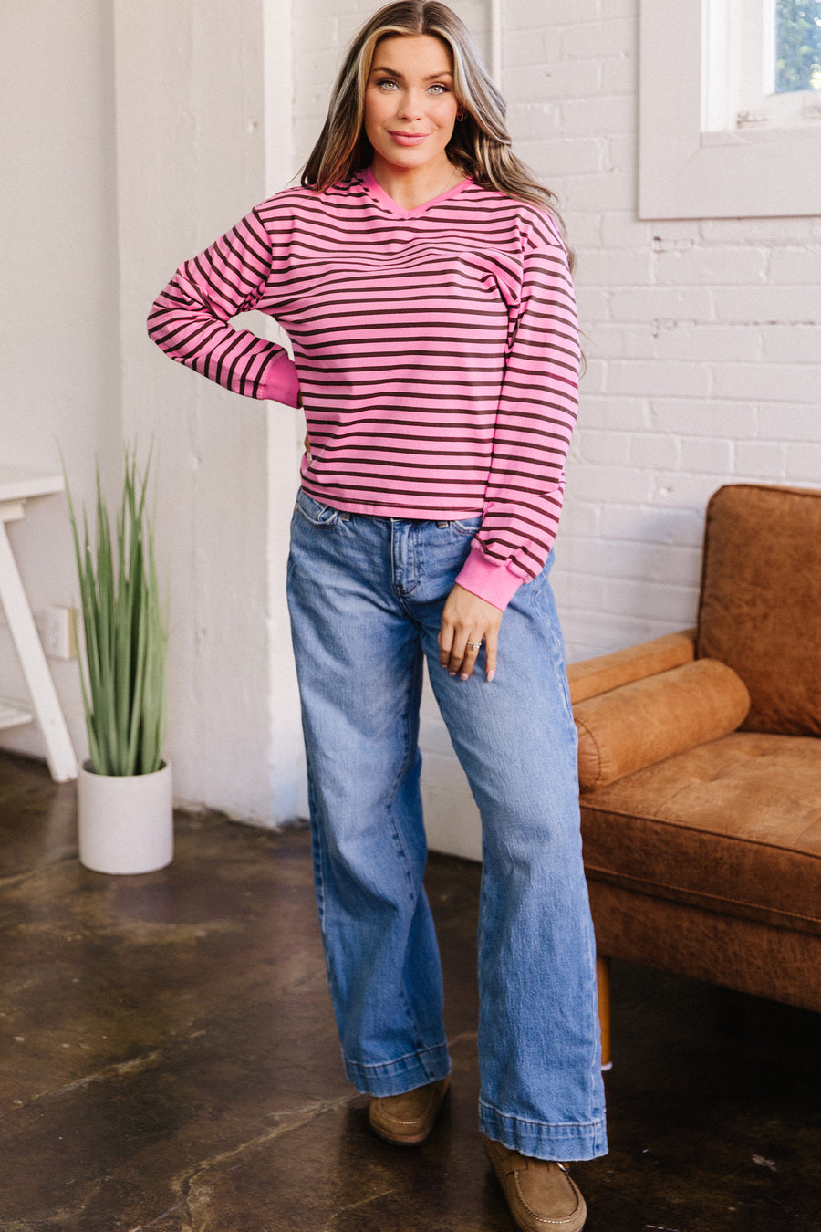 Pink Stripe V-Neck Drop Shoulder Long Sleeve Top Women UK