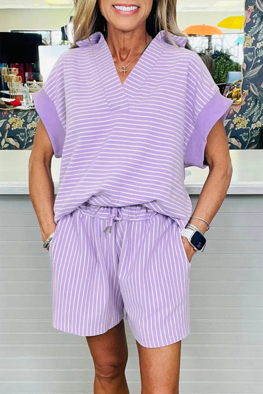 Striped Dolman Sleeve Polo Shirt and Drawstring Shorts Two Piece Set